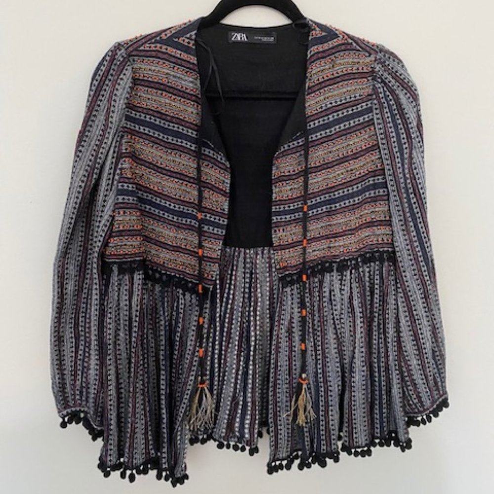 beaded ZARA black printed boho top